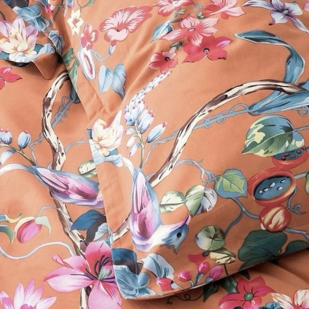 Eikei Botanical Garden Brushed Duvet Bedding Set Tropical Orange Floral Queen
